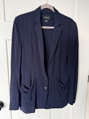 euc Y2K vintage Club Monaco Navy blue relaxed drape long jacket Blazer stretch 8